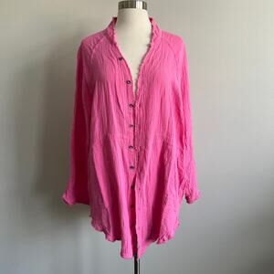 Flawless Tunic Cotton Crinkle Fabric V-Neck Raw Edge Button Up Pink Small NWT
